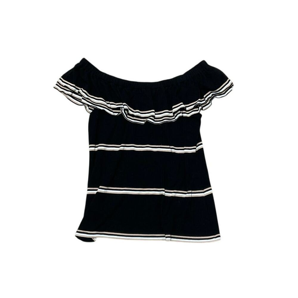 Midnight Velvet Black Striped Off-The-Shoulder Ruffle Knit Top Size Large